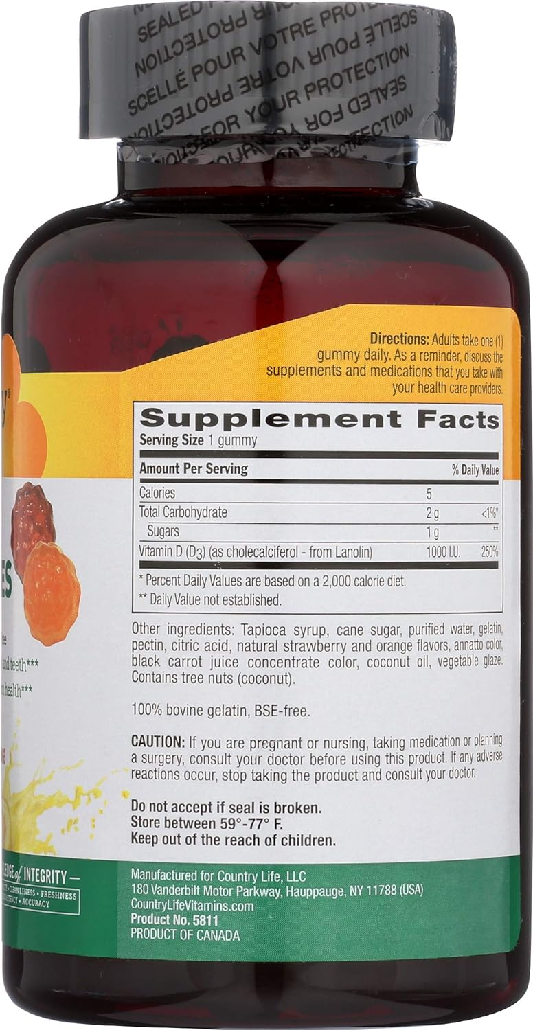 120 CT Country Life Strawberry & Orange D3 Gummies - Vitamin D Supplement for Immune Support