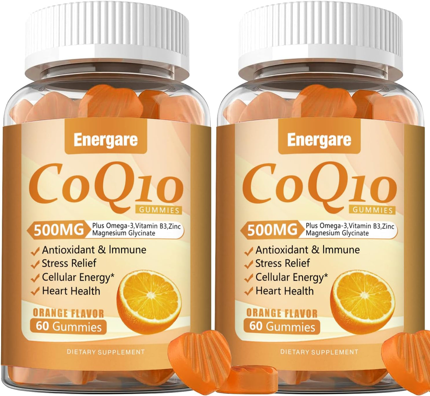 120 Ct Energare CoQ10 500MG Gummies with Omega-3, Magnesium, Vitamin B3 & Zinc - Vegan & Non-GMO - Heart Health & Antioxidant Support