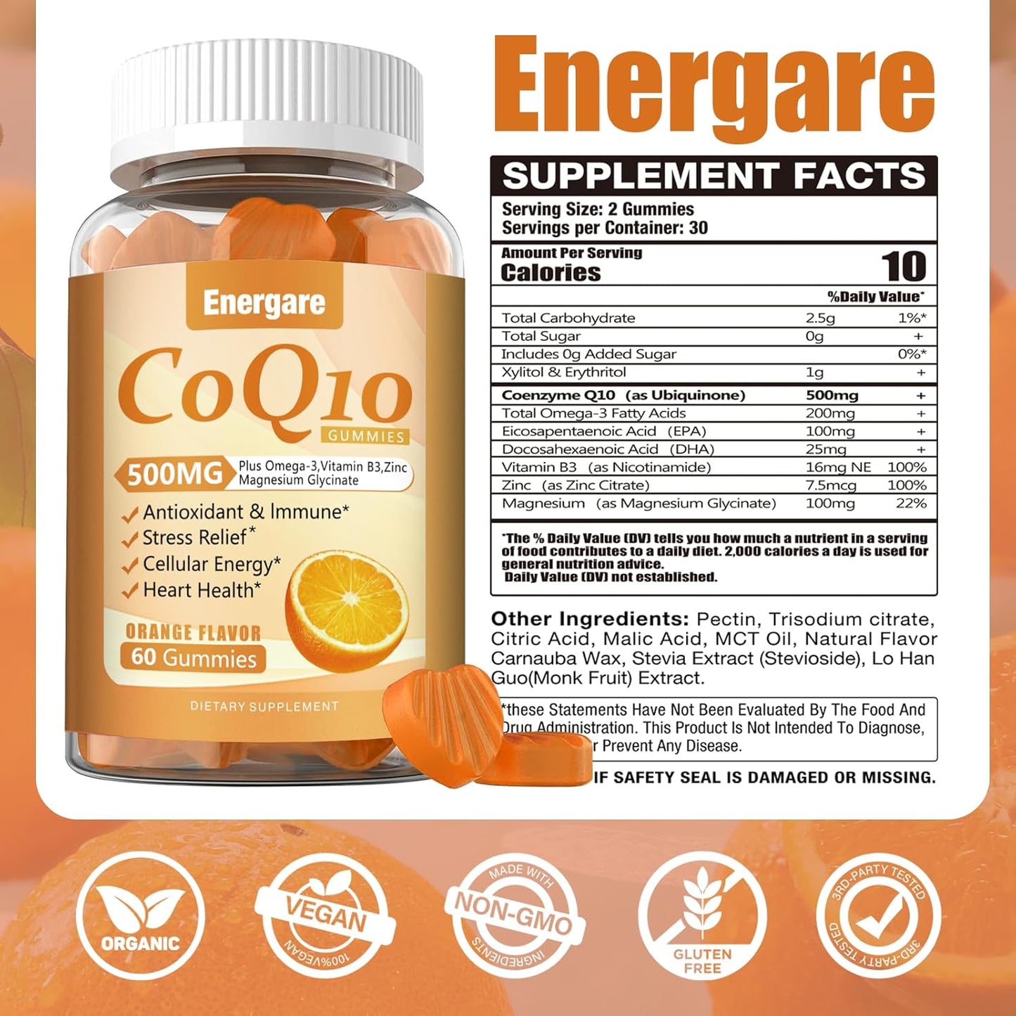 120 Ct Energare CoQ10 500MG Gummies with Omega-3, Magnesium, Vitamin B3 & Zinc - Vegan & Non-GMO - Heart Health & Antioxidant Support