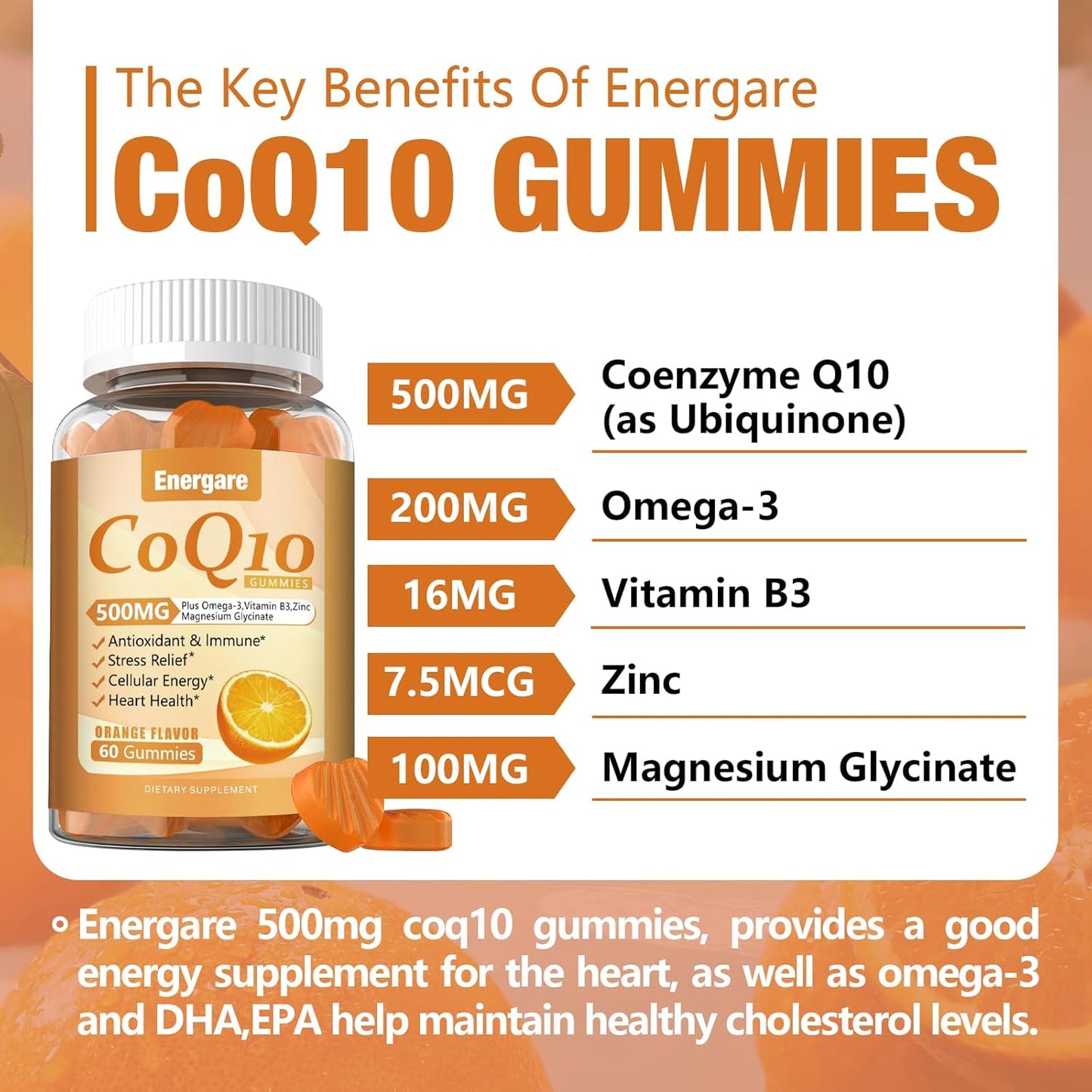 120 Ct Energare CoQ10 500MG Gummies with Omega-3, Magnesium, Vitamin B3 & Zinc - Vegan & Non-GMO - Heart Health & Antioxidant Support