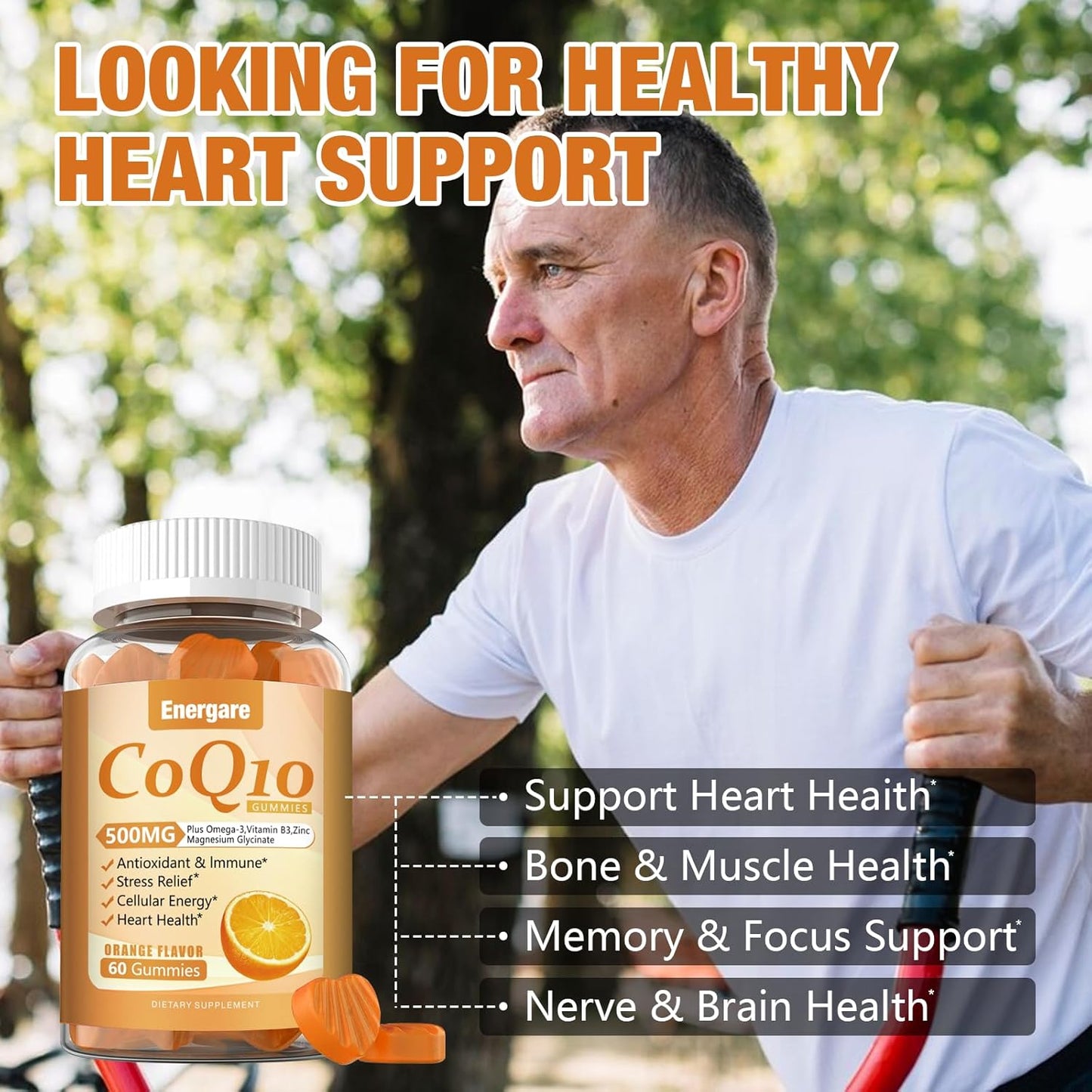 120 Ct Energare CoQ10 500MG Gummies with Omega-3, Magnesium, Vitamin B3 & Zinc - Vegan & Non-GMO - Heart Health & Antioxidant Support