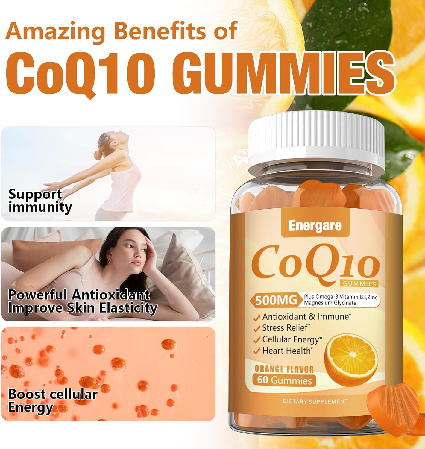 120 Ct Energare CoQ10 500MG Gummies with Omega-3, Magnesium, Vitamin B3 & Zinc - Vegan & Non-GMO - Heart Health & Antioxidant Support