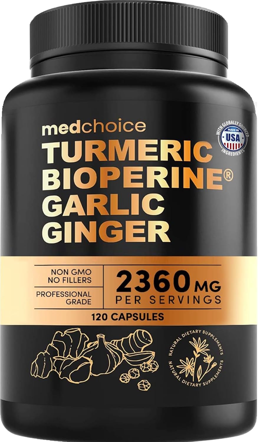 120 ct MEDCHOICE Turmeric Ginger Root Capsules with Garlic - 4-in-1 Joint, Digestion & Immune Support Supplement - 2360 mg with Bioperine