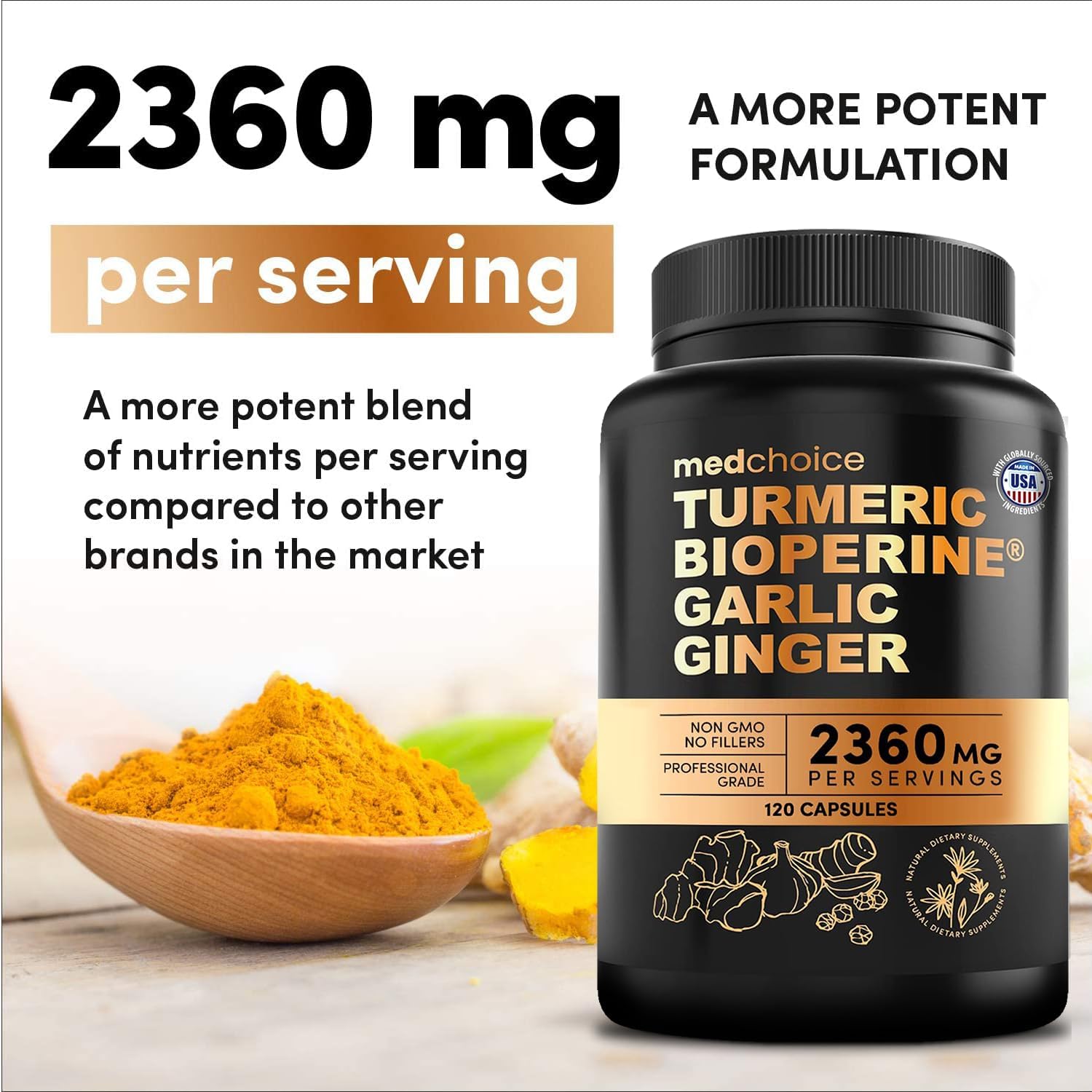 120 ct MEDCHOICE Turmeric Ginger Root Capsules with Garlic - 4-in-1 Joint, Digestion & Immune Support Supplement - 2360 mg with Bioperine
