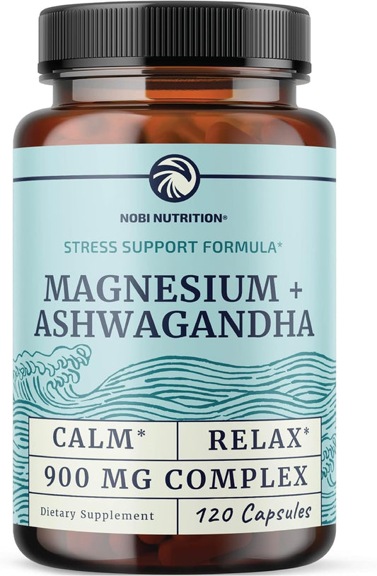 120 Ct Nobi Nutrition Magnesium Ashwagandha Supplement for Calming Mood, Sleep Support, Muscle Health, and Stress Relief | 400mg Mag Citrate & Oxide + 500mg Ashwagandha | Adults Relax and Rest Easy