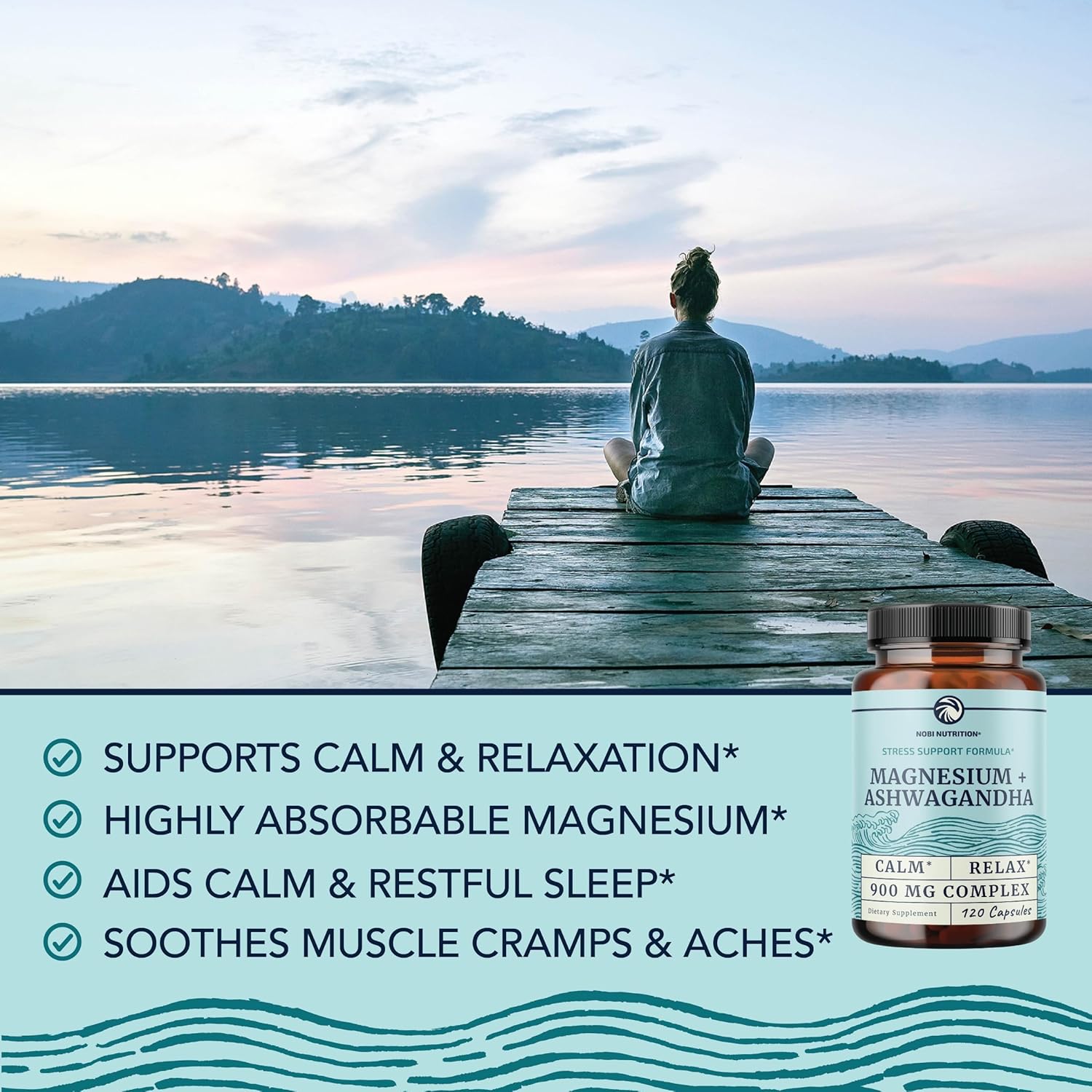 120 Ct Nobi Nutrition Magnesium Ashwagandha Supplement for Calming Mood, Sleep Support, Muscle Health, and Stress Relief | 400mg Mag Citrate & Oxide + 500mg Ashwagandha | Adults Relax and Rest Easy