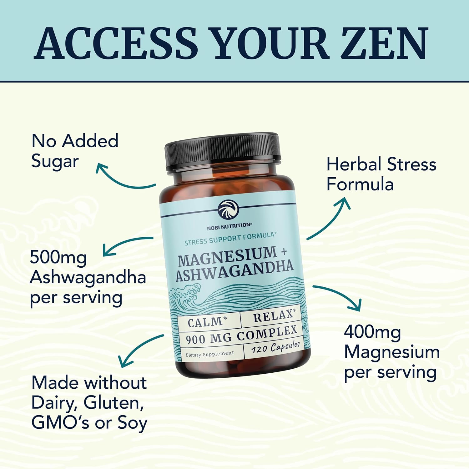 120 Ct Nobi Nutrition Magnesium Ashwagandha Supplement for Calming Mood, Sleep Support, Muscle Health, and Stress Relief | 400mg Mag Citrate & Oxide + 500mg Ashwagandha | Adults Relax and Rest Easy