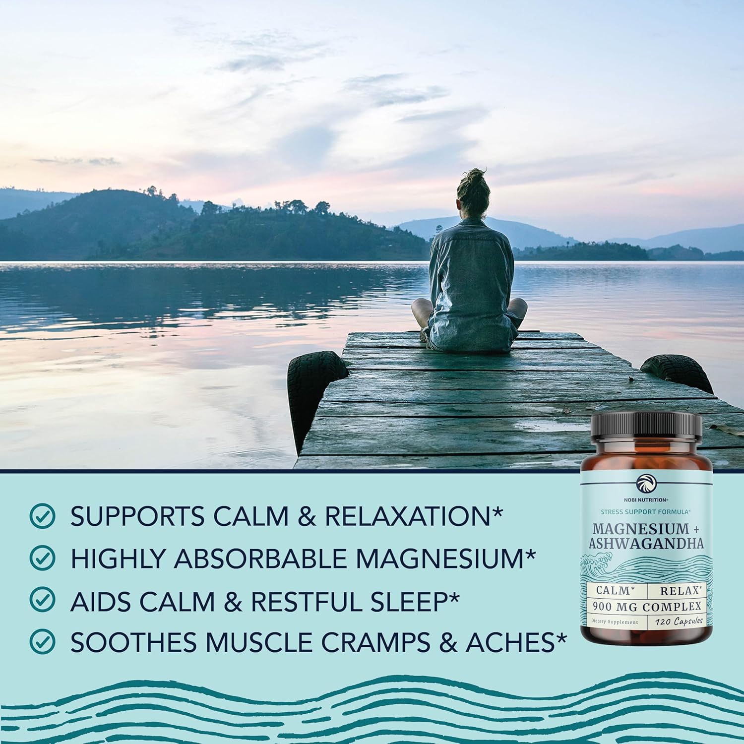 120 Ct Nobi Nutrition Magnesium Ashwagandha Supplement for Calming Mood, Sleep Support, Muscle Health, and Stress Relief | 400mg Mag Citrate & Oxide + 500mg Ashwagandha | Adults Relax and Rest Easy