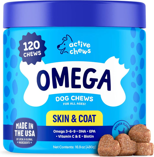 120 ct Omega 3 Soft Chews for Dogs with Biotin & Vitamin E - Skin and Coat Supplement for Itchy, Dry Skin - Shedding Omega 3 6 9 Oil