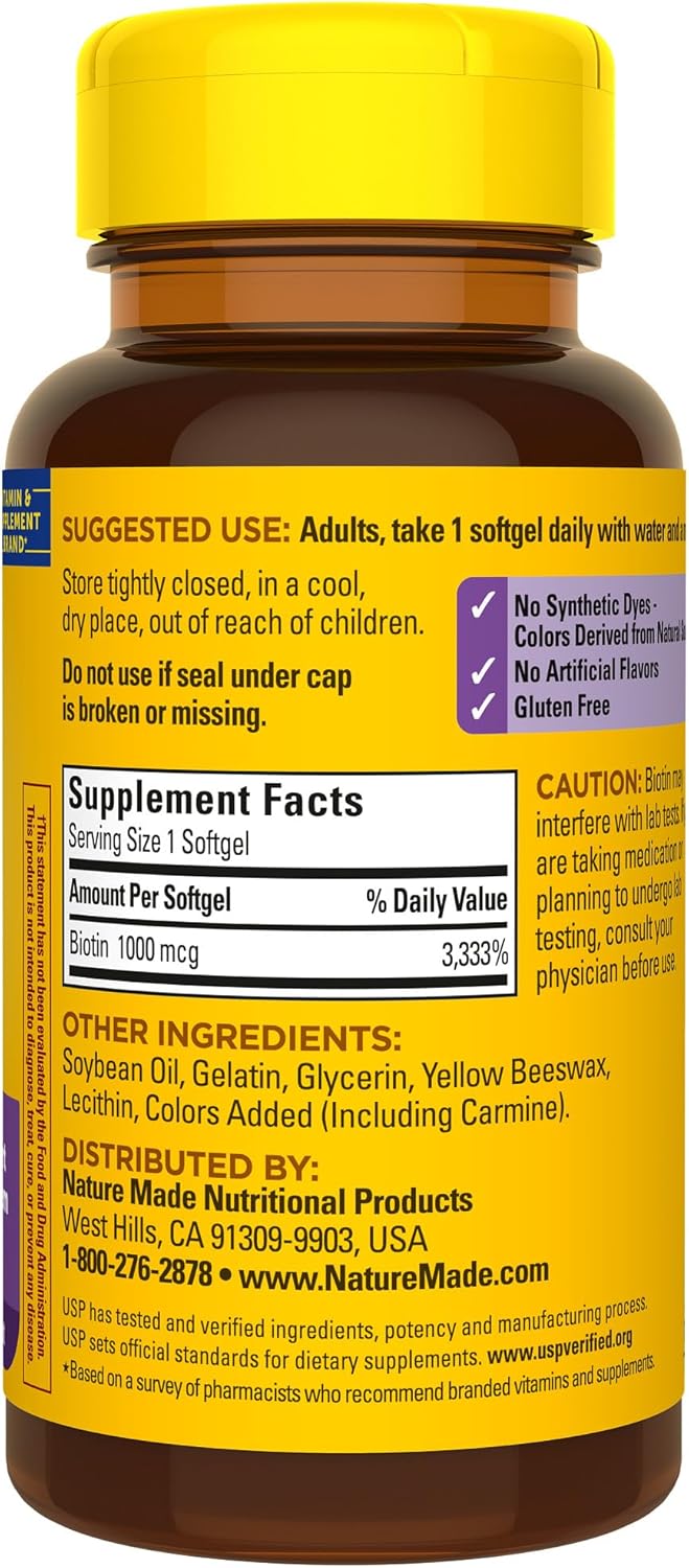 120 Day Supply of Nature Made Biotin 1000 mcg Softgels for Healthy Hair and Skin