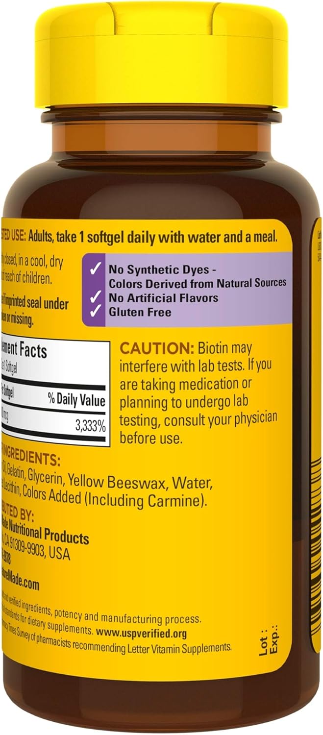 120 Day Supply of Nature Made Biotin 1000 mcg Softgels for Healthy Hair and Skin