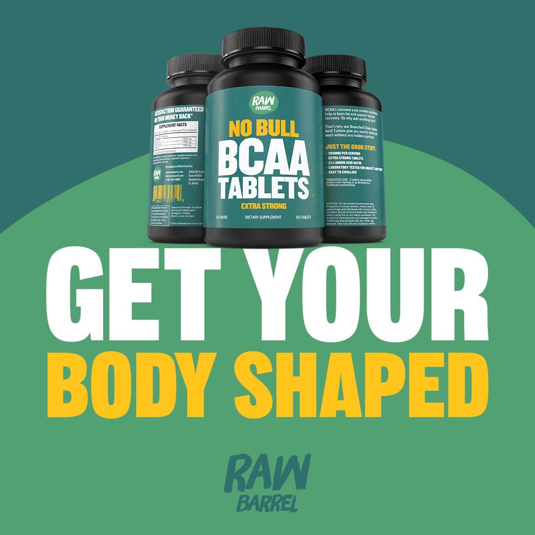 120 Extra Strong 1000mg BCAA Tablets - 2:1:1 Ratio Amino Acid Supplement with Non-GMO Natural Ingredients by Raw Barrel