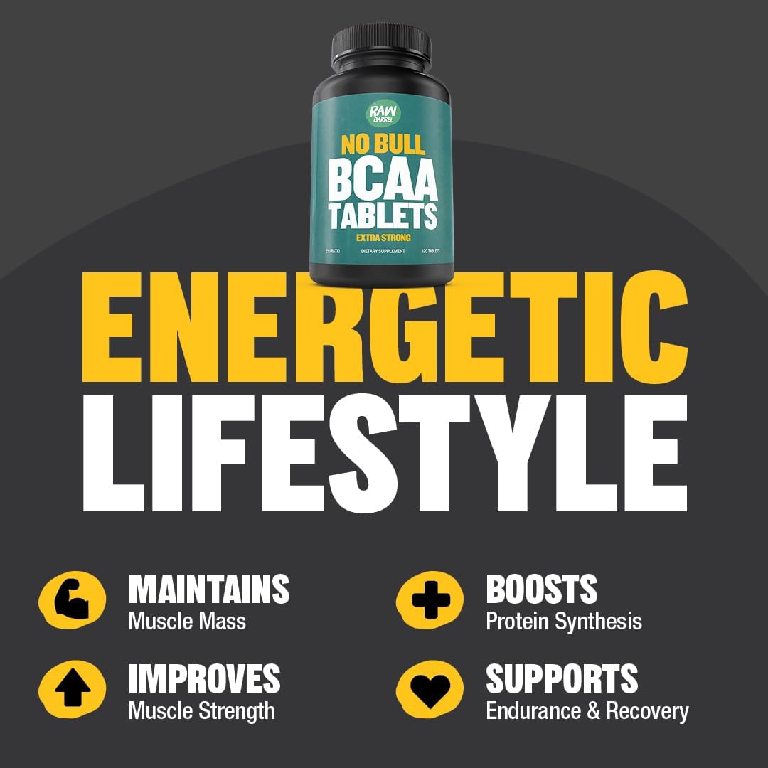120 Extra Strong 1000mg BCAA Tablets - 2:1:1 Ratio Amino Acid Supplement with Non-GMO Natural Ingredients by Raw Barrel