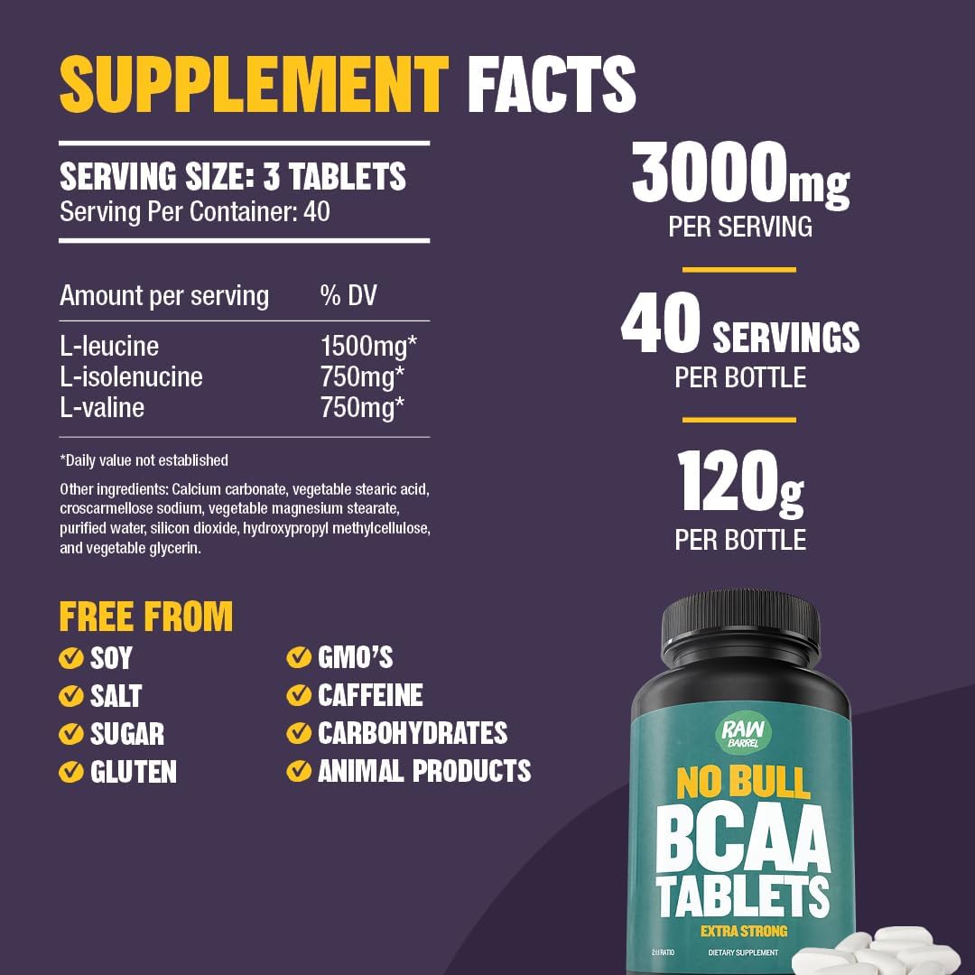 120 Extra Strong 1000mg BCAA Tablets - 2:1:1 Ratio Amino Acid Supplement with Non-GMO Natural Ingredients by Raw Barrel