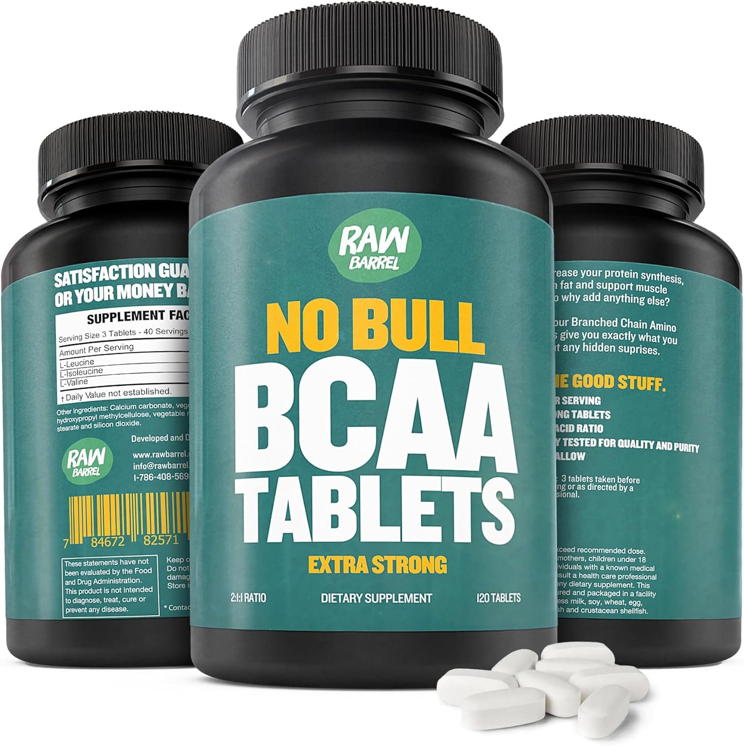 120 Extra Strong 1000mg BCAA Tablets - 2:1:1 Ratio Amino Acid Supplement with Non-GMO Natural Ingredients by Raw Barrel