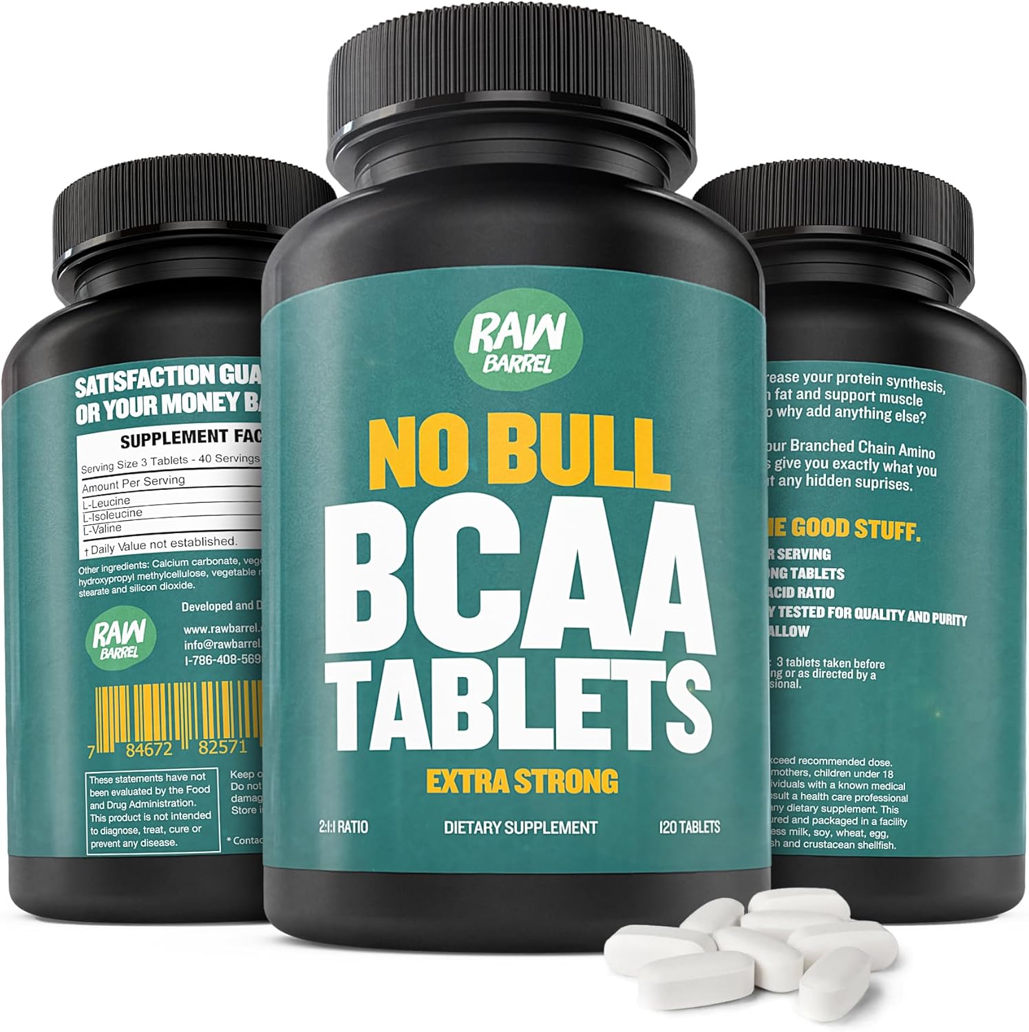120 Extra Strong 1000mg BCAA Tablets - 2:1:1 Ratio Amino Acid Supplement with Non-GMO Natural Ingredients by Raw Barrel