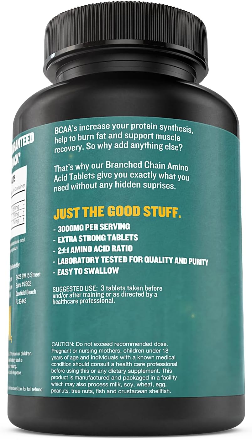 120 Extra Strong 1000mg BCAA Tablets - 2:1:1 Ratio Amino Acid Supplement with Non-GMO Natural Ingredients by Raw Barrel