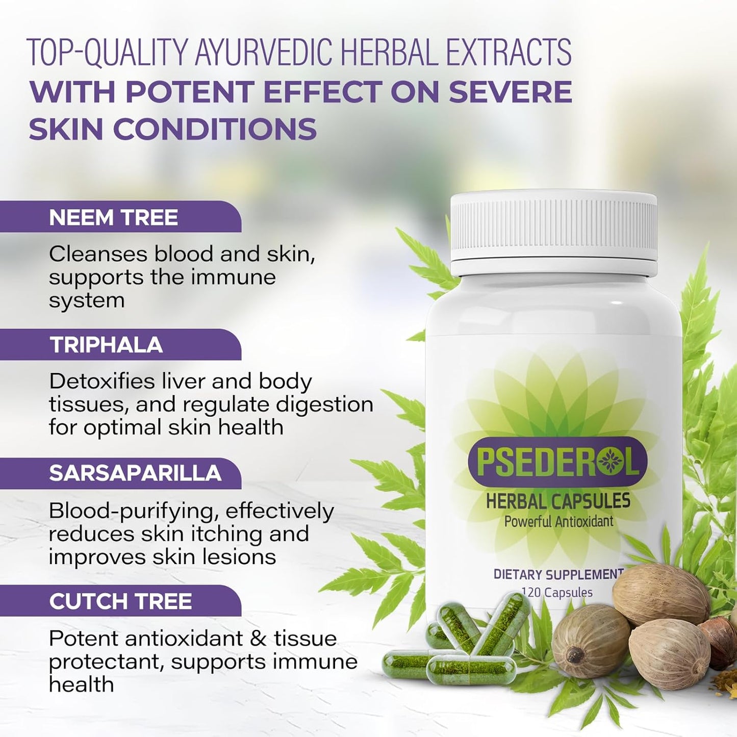 120 Herbal Capsules for Psoriasis Support, Natural Ayurvedic Supplement with 6 Antioxidant Herbs for Dry and Itchy Skin
