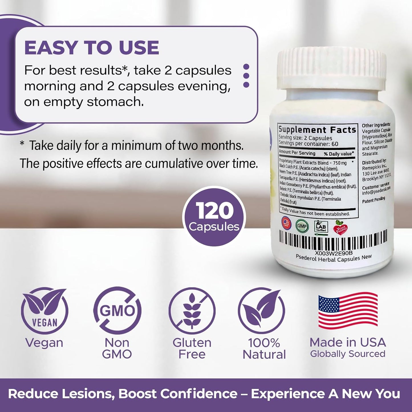 120 Herbal Capsules for Psoriasis Support, Natural Ayurvedic Supplement with 6 Antioxidant Herbs for Dry and Itchy Skin