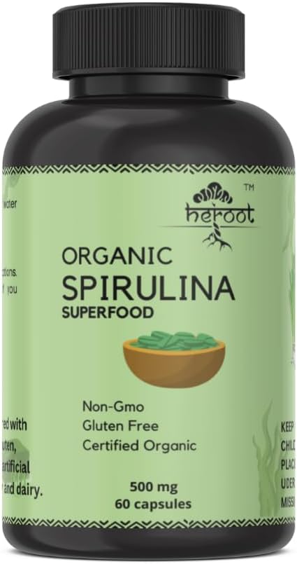 120 Heroot Organic Spirulina Protein Powder Capsules for Energy & Optimal Health - Vegetarian, Gluten Free Superfood Rich in Vitamins & Minerals