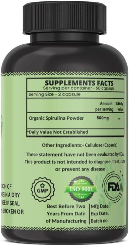 120 Heroot Organic Spirulina Protein Powder Capsules for Energy & Optimal Health - Vegetarian, Gluten Free Superfood Rich in Vitamins & Minerals