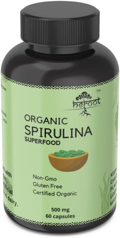120 Heroot Organic Spirulina Protein Powder Capsules for Energy & Optimal Health - Vegetarian, Gluten Free Superfood Rich in Vitamins & Minerals