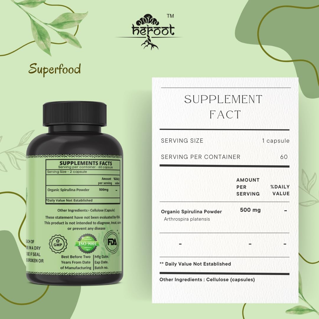120 Heroot Organic Spirulina Protein Powder Capsules for Energy & Optimal Health - Vegetarian, Gluten Free Superfood Rich in Vitamins & Minerals