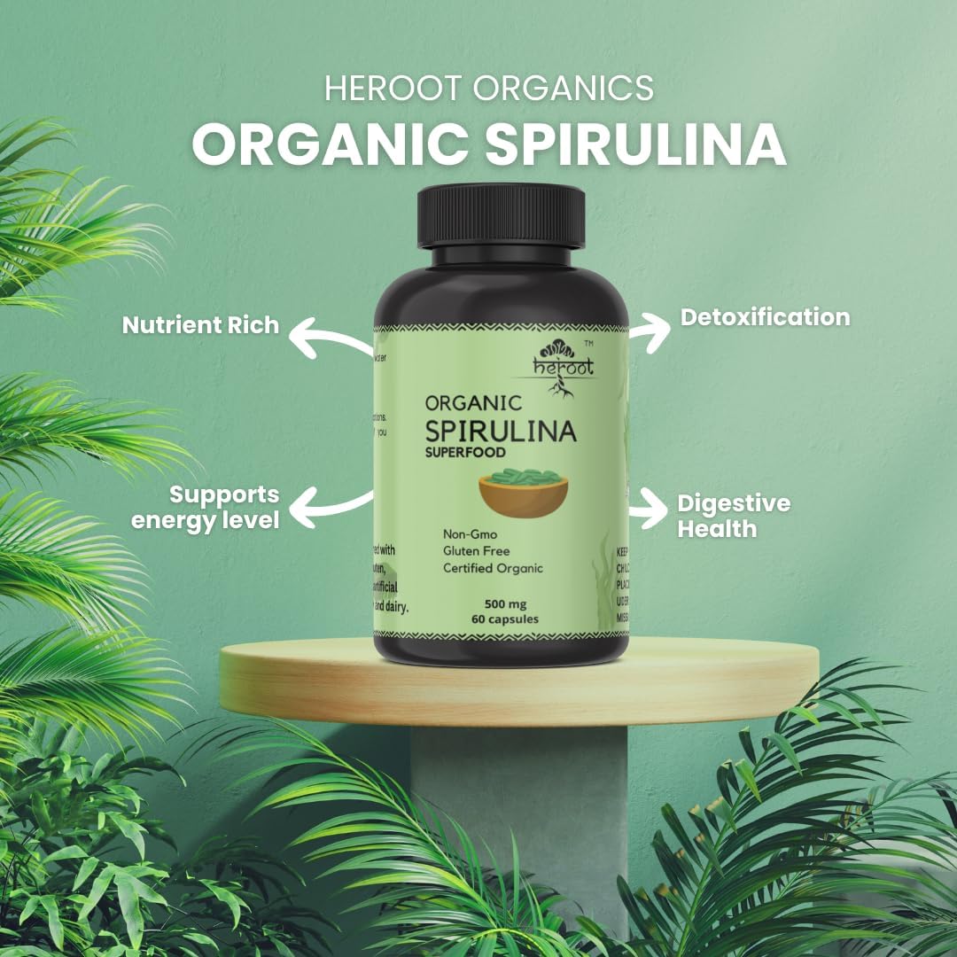 120 Heroot Organic Spirulina Protein Powder Capsules for Energy & Optimal Health - Vegetarian, Gluten Free Superfood Rich in Vitamins & Minerals