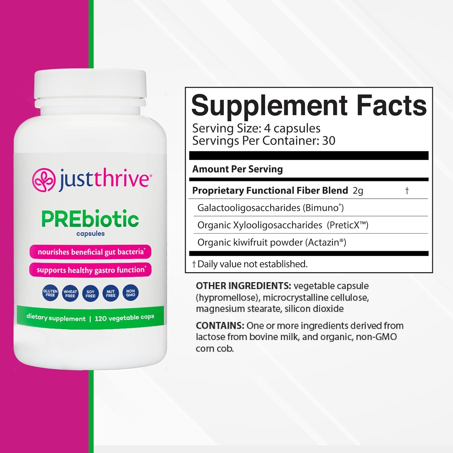 120 Just Thrive PREbiotic Capsules for Improved Gut Health and Immune Support