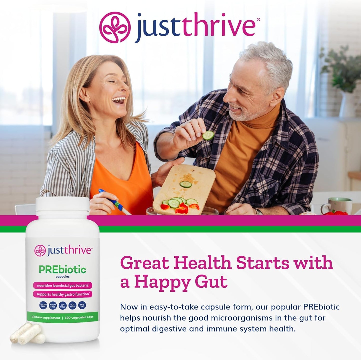 120 Just Thrive PREbiotic Capsules for Improved Gut Health and Immune Support