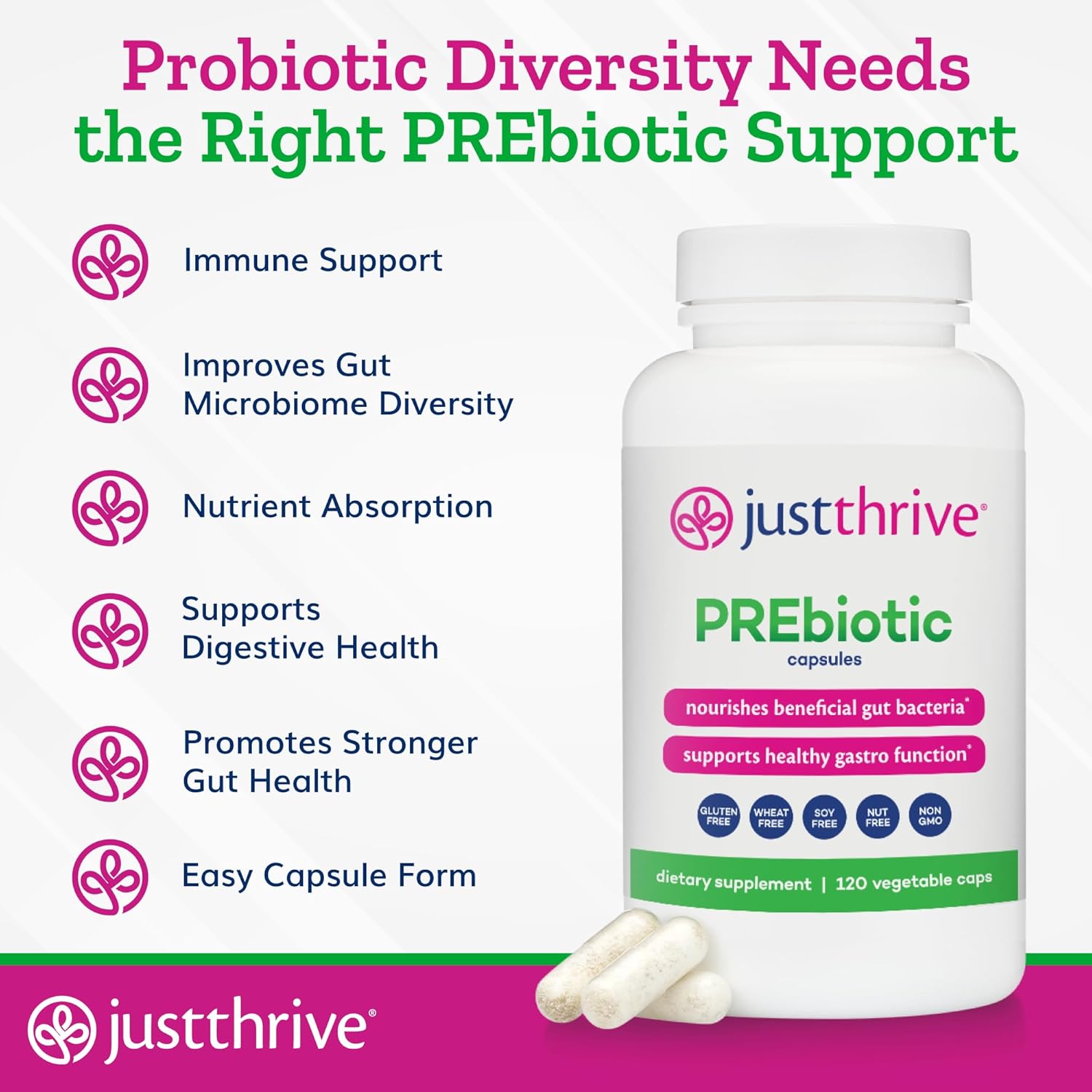 120 Just Thrive PREbiotic Capsules for Improved Gut Health and Immune Support