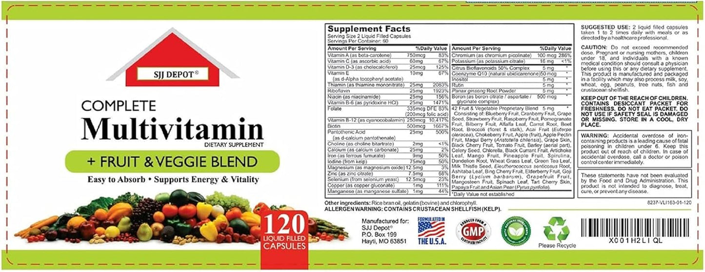120 Liquid Capsules Loaded with Multivitamins, Antioxidants for Daily Women Men Senior Adult - SJJ DEPOT Fruit and Vegetable Multivitamin Supplement