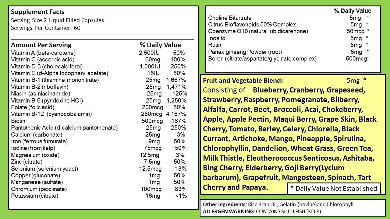 120 Liquid Capsules Loaded with Multivitamins, Antioxidants for Daily Women Men Senior Adult - SJJ DEPOT Fruit and Vegetable Multivitamin Supplement