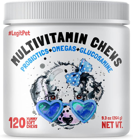 120 Multivitamin Chews for Dogs with Glucosamine, Chondroitin, Probiotics, Digestive Enzymes, and Omegas - Supports Joint, Immune, Skin, and Heart Health
