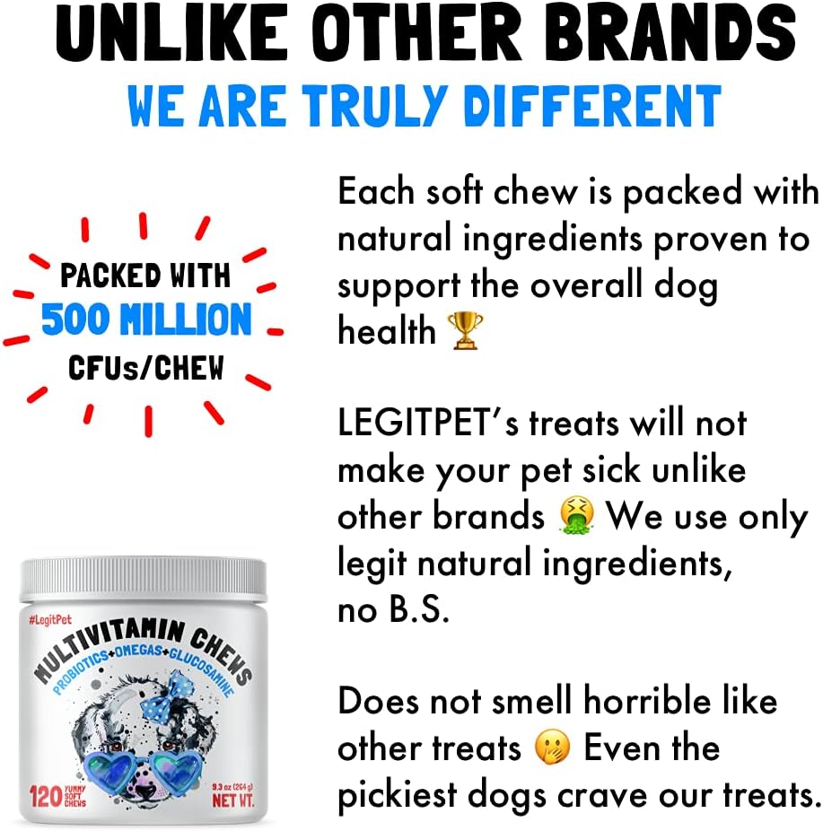 120 Multivitamin Chews for Dogs with Glucosamine, Chondroitin, Probiotics, Digestive Enzymes, and Omegas - Supports Joint, Immune, Skin, and Heart Health