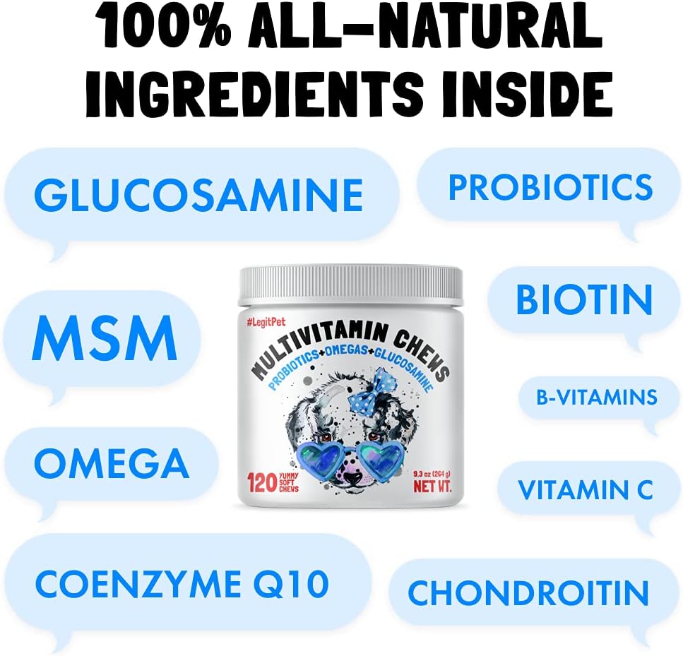 120 Multivitamin Chews for Dogs with Glucosamine, Chondroitin, Probiotics, Digestive Enzymes, and Omegas - Supports Joint, Immune, Skin, and Heart Health