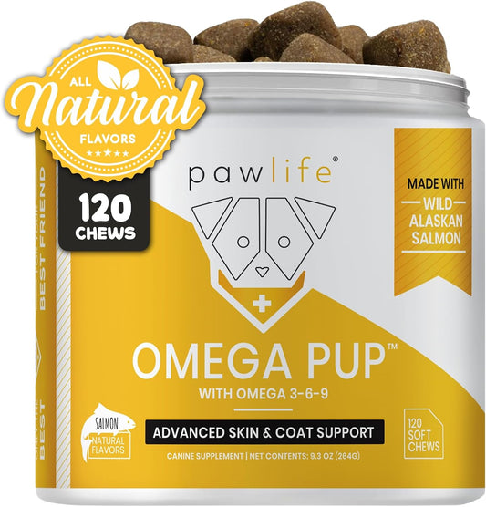 120 Omega 3 Fish Oil Dog Vitamins for Itching Relief and Healthy Skin & Coat (Salmon Flavor)