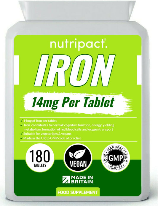 120 Pack Iron Tablets 14mg - Vegan One a Day Supplement for Energy & Immunity - Reduces Tiredness & Boosts Cognitive Function - UK Made