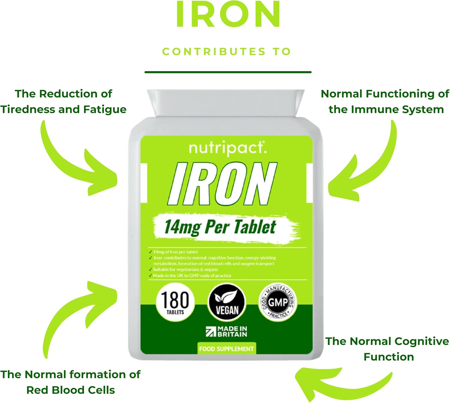 120 Pack Iron Tablets 14mg - Vegan One a Day Supplement for Energy & Immunity - Reduces Tiredness & Boosts Cognitive Function - UK Made