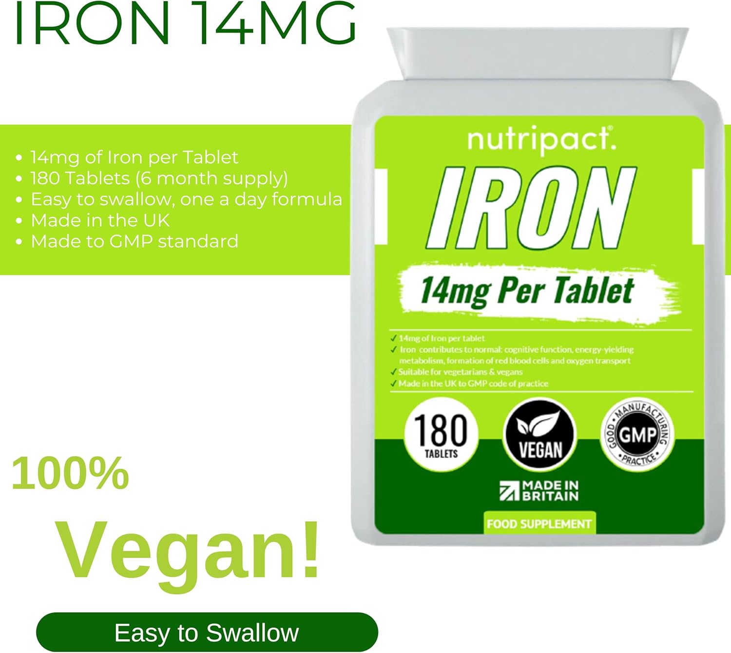 120 Pack Iron Tablets 14mg - Vegan One a Day Supplement for Energy & Immunity - Reduces Tiredness & Boosts Cognitive Function - UK Made