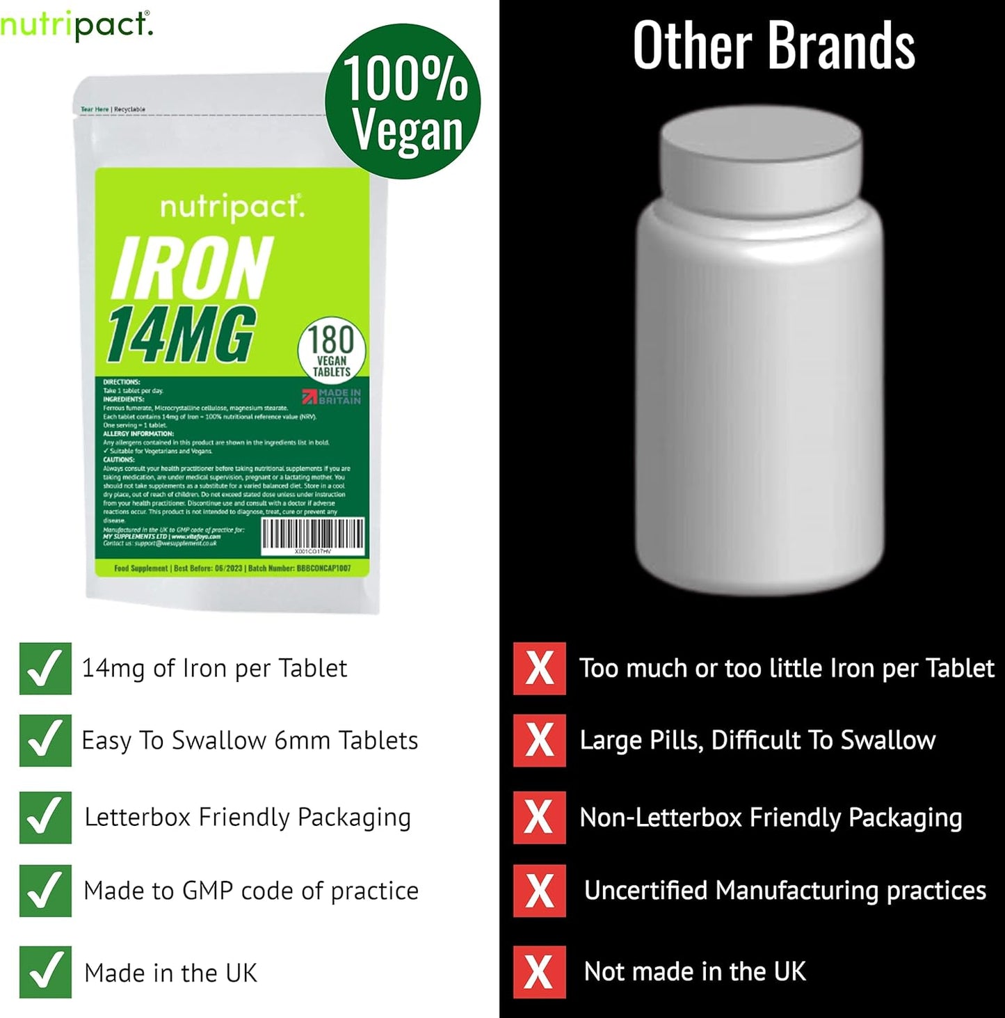 120 Pack Iron Tablets 14mg - Vegan One a Day Supplement for Energy & Immunity - Reduces Tiredness & Boosts Cognitive Function - UK Made