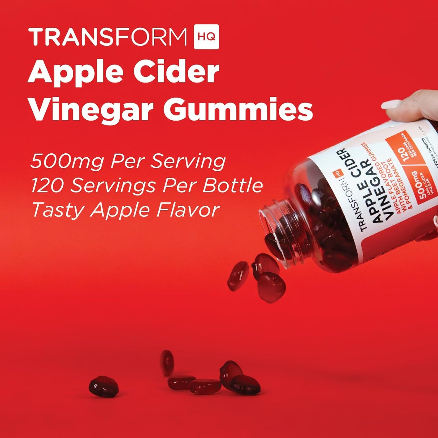 120 Servings of TransformHQ Apple Cider Vinegar Gummies, 500mg Per Serving - Gluten Free, Non-GMO