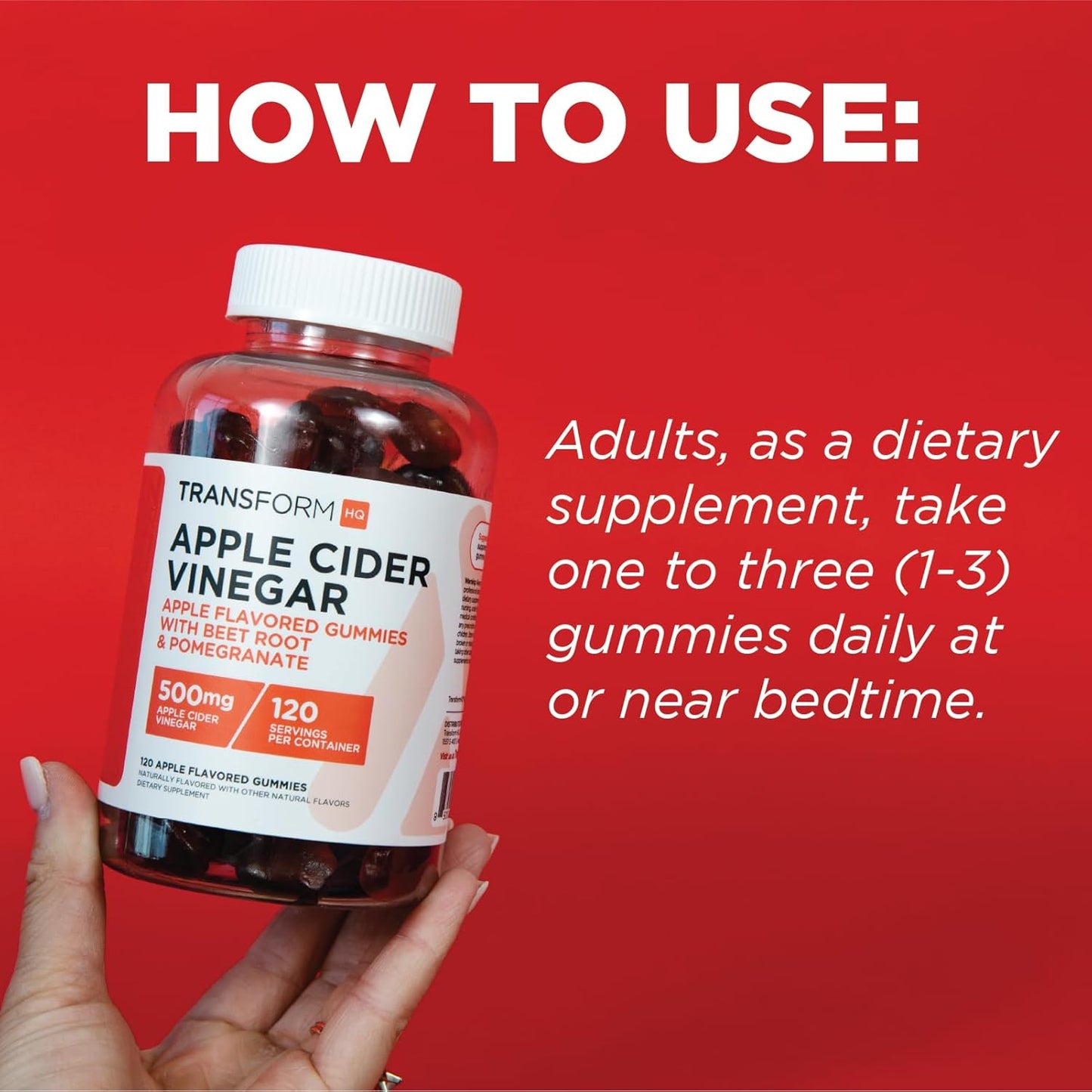 120 Servings of TransformHQ Apple Cider Vinegar Gummies, 500mg Per Serving - Gluten Free, Non-GMO