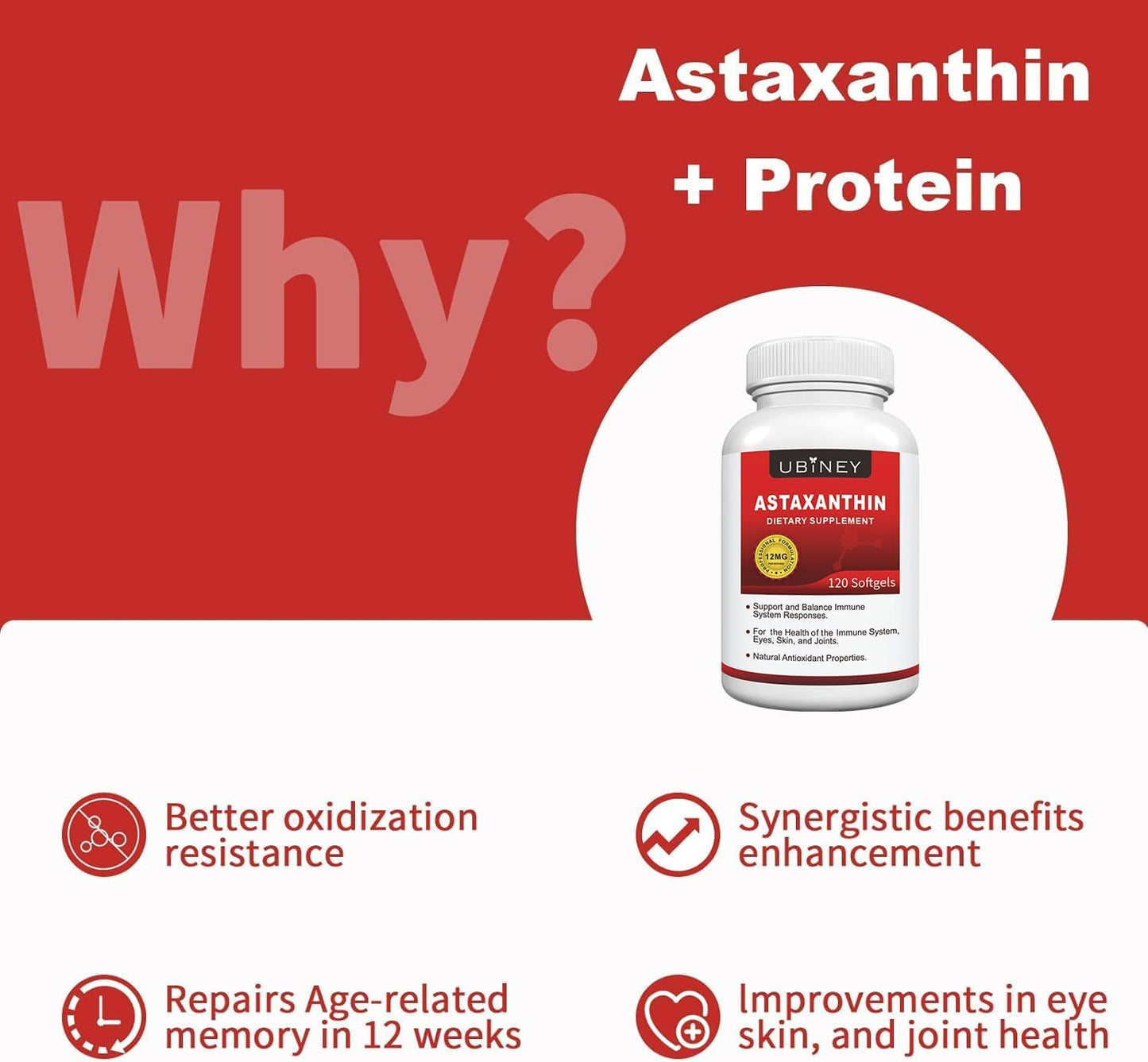 120 Servings of Ubiney Premium Astaxanthin 12mg Softgels for Immune, Skin, Eye & Joint Health - Non-GMO, Gluten-Free, Microalgae Extract Supplement