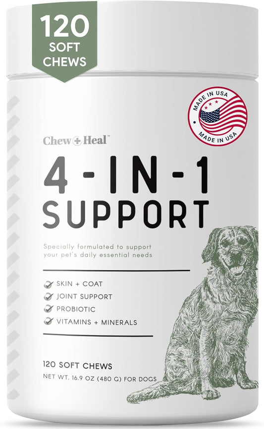 120 Soft Chew Treats with Probiotics and Omega for Dog Health - Chewable Multivitamin for Skin, Coat, and Joint Support - Made in USA