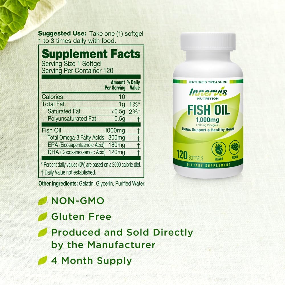120 Softgels Fish Oil Supplement for Heart, Brain, and Eye Health - 1000mg Omega-3 EPA and DHA - Non-GMO, Gluten Free