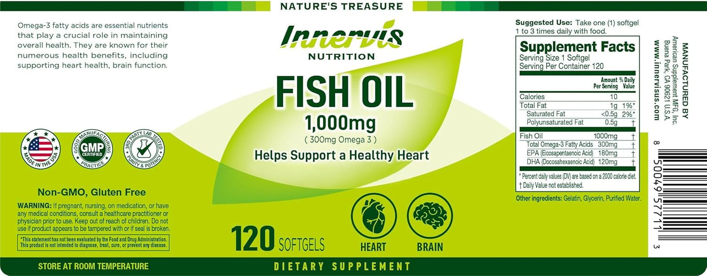 120 Softgels Fish Oil Supplement for Heart, Brain, and Eye Health - 1000mg Omega-3 EPA and DHA - Non-GMO, Gluten Free