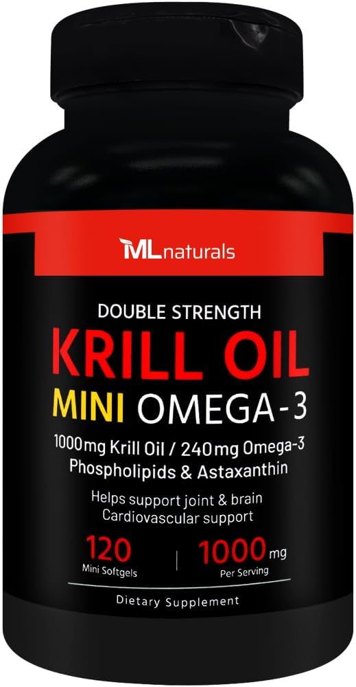 120 Softgels ML Naturals Krill Oil Mini Omega-3 1000mg, EPA 130mg, DHA 65mg, Phospholipids 400mg, Astaxanthin 400mcg, Joint & Brain Health, Easy Swallow, Odor-Free