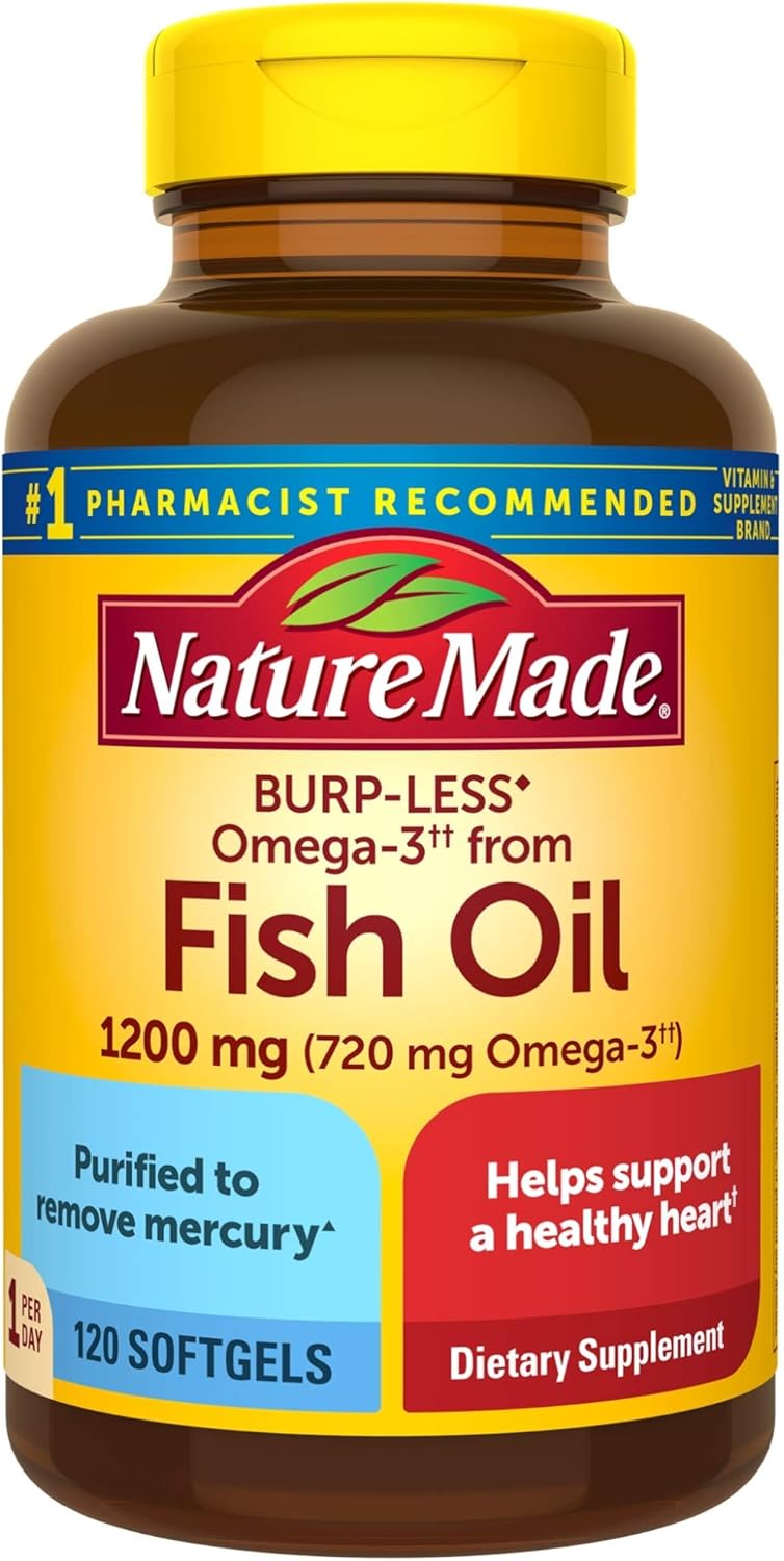 120 Softgels Nature Made Burp-Less Fish Oil 1200 mg - One Daily Omega 3 Supplement for Heart Health