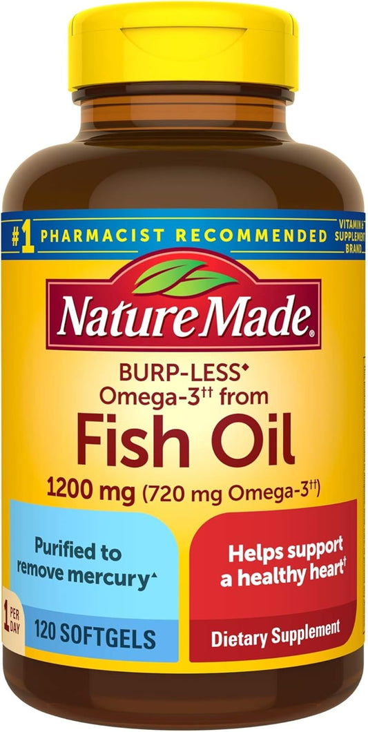 120 Softgels Nature Made Burp-Less Fish Oil 1200 mg - One Daily Omega 3 Supplement for Heart Health